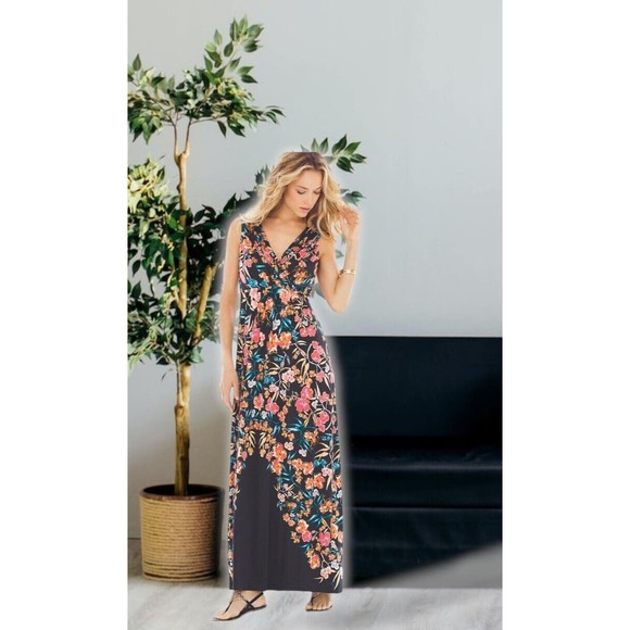 Soma Maxi Sleeveless Faux Wrap Double V Dress Size Medium Black Floral Soft - Picture 1 of 8